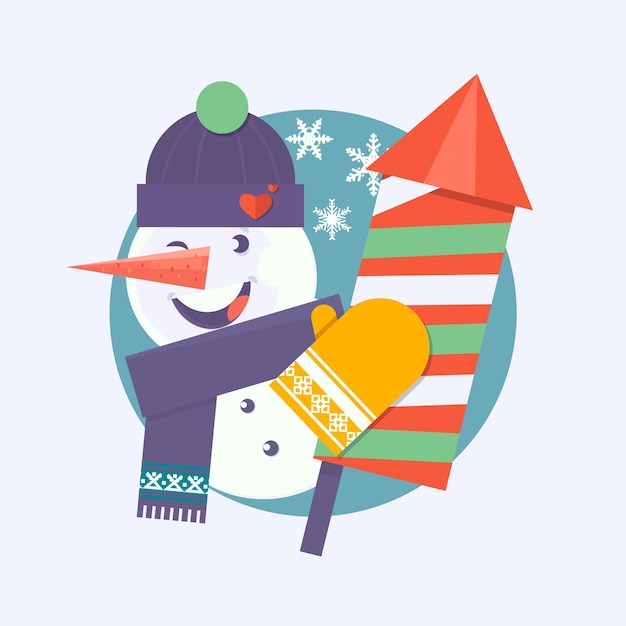 Vector christmas card with snowman holding firecracker
