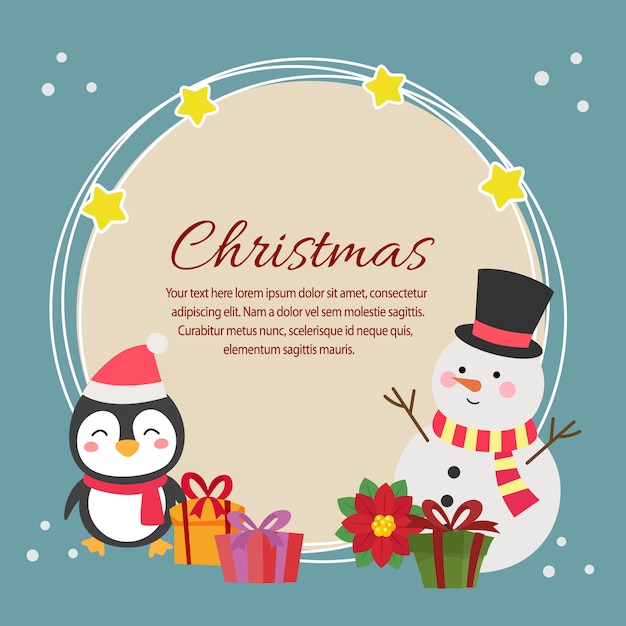 Christmas card with snowman poinsettia penguin