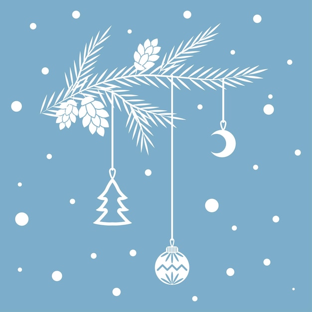 Вектор Рождественская открытка с еловой веткой и шарами