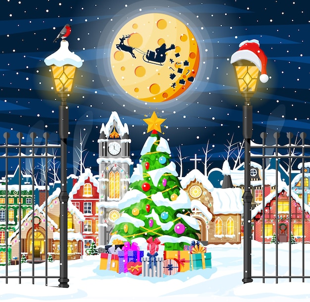 都市景観と降雪のクリスマスカード。夜に雪が降るカラフルな家のある街並み。冬の村、居心地の良い町の街のパノラマ。新年のクリスマスクリスマスバナー。フラットベクトル図