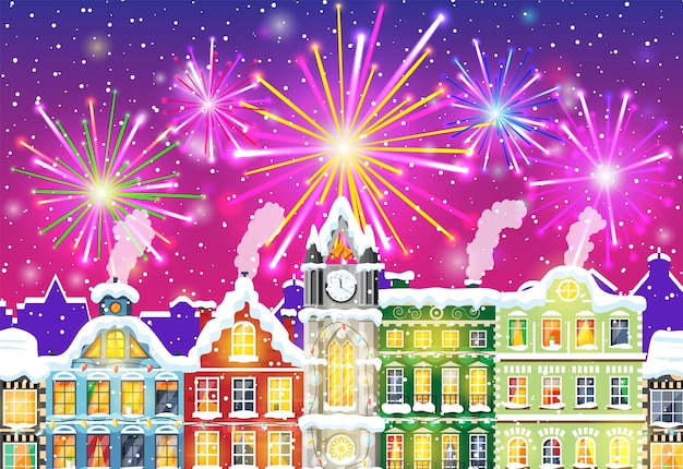 Christmas Card with Urban Landscape and Fireworks.