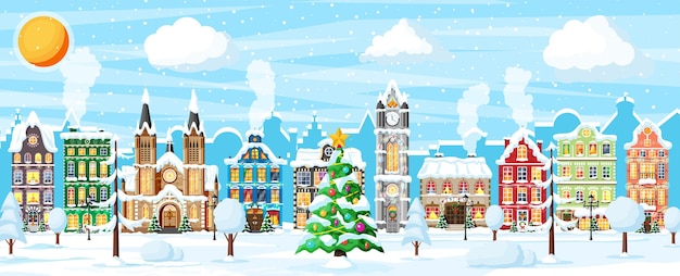 도시 풍경과 강설량 크리스마스 카드입니다. 하루에 눈이 있는 화려한 집들이 있는 풍경. 겨울 마을, 코지 타운 시티 파노라마. 새 해 크리스마스 크리스마스 배너입니다. 평면 벡터 일러스트 레이 션