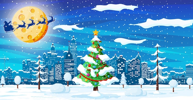 Cartolina di natale con paesaggio urbano e nevicate. paesaggio urbano con case grattacielo con neve nella notte. villaggio invernale, panorama accogliente della città della città. banner di natale di natale di capodanno. illustrazione vettoriale piatta