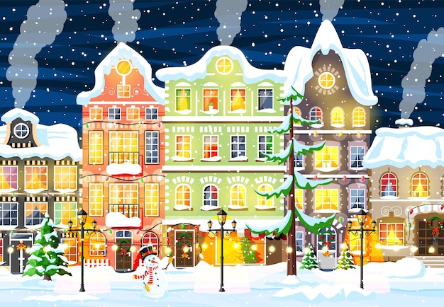 Vector christmas card with urban landscape and snowfall.