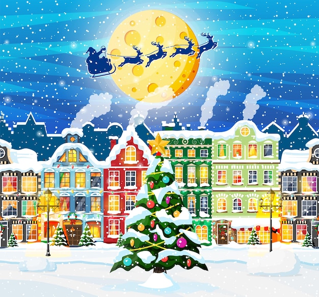 Рождественская открытка с городским пейзажем и снегопадом