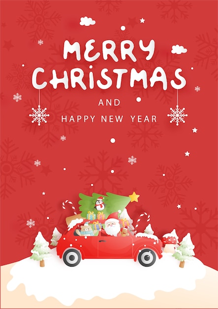 Christmas card with vintage truck, santa and friend