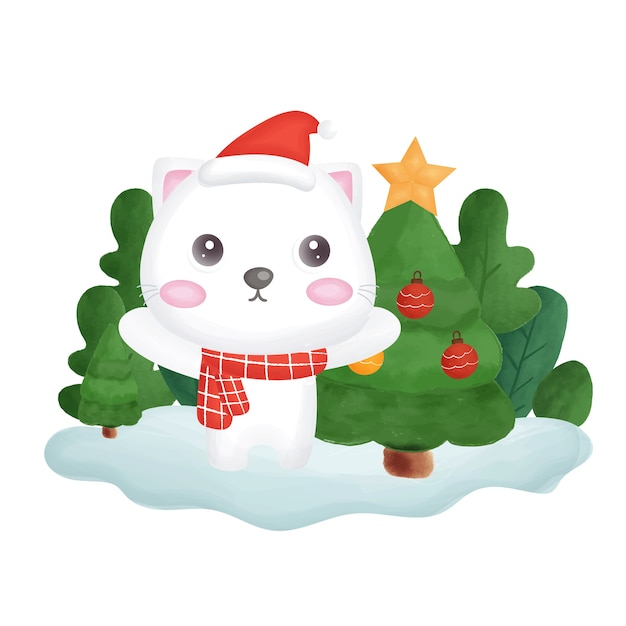 Рождественская открытка с акварельной кошкой в лесу.