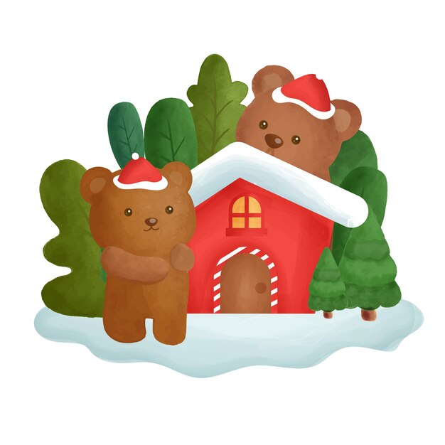 水の色の家と森の中のクマのクリスマスカード。