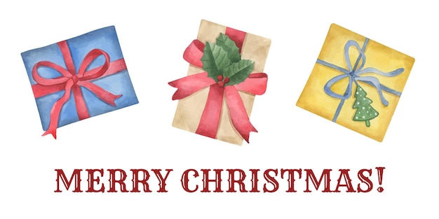 Рождественская открытка с акварельными подарочными коробками Праздничная зимняя иллюзия