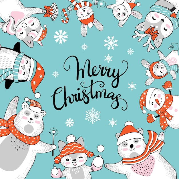 Рождественская открытка с зимними персонажами