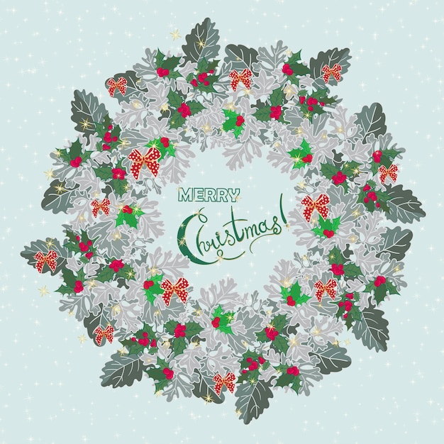 Christmas card with wreath of holly berry and cineraria