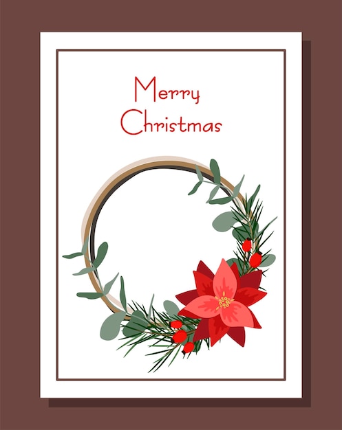 Christmas card. wreath with poinsettia flower. cartoon style