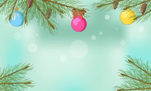 Рождественская открыткаРождественский фон Елочные игрушки и сосновые веткиВекторная иллюстрация