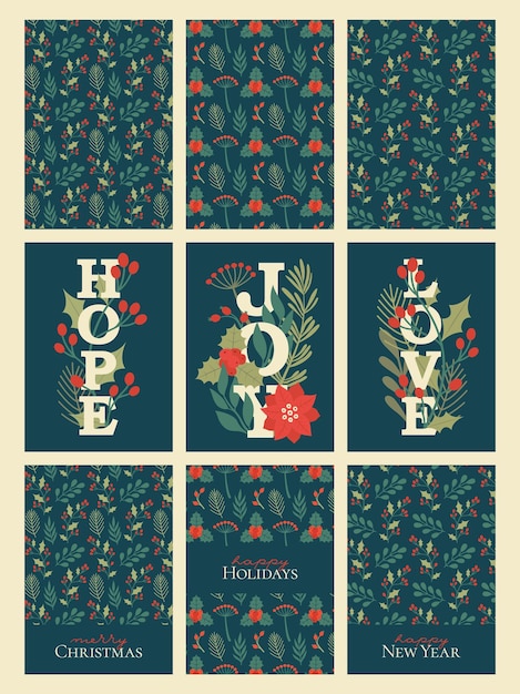 Christmas cards and backgrounds with flat winter plants, flowers, text JOY, HOPE, LOVE.