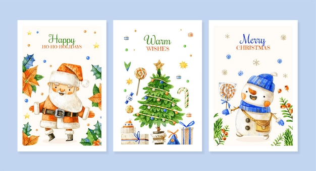 Вектор Коллекция рождественских открыток с санта-снеговиком и елкой
