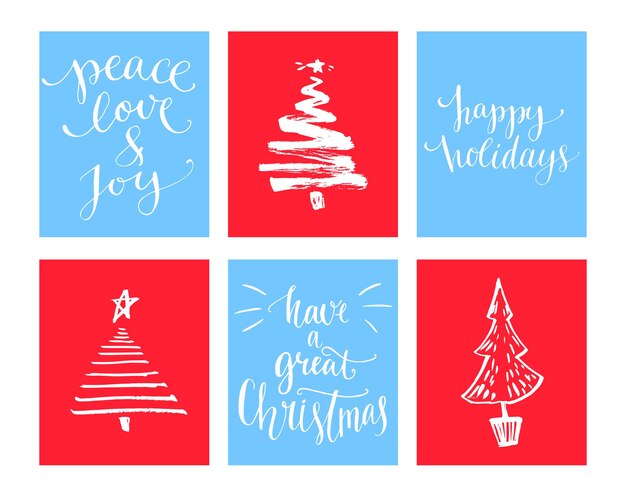 Christmas cards set. calligraphy wishes and hand drawn christmas tree.