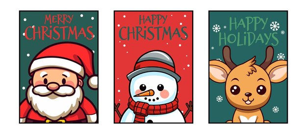 Christmas Cards Vector Set Snowman Santa and Reindeer