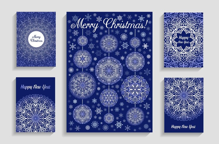 Vector christmas cards with mandala snowflakes on blue background garlands from christmas balls with beads intricate flourish design elements 5 to 7 ratio oriental motif illustration for print