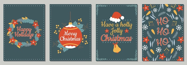 Christmas cards with merry christmas with decorations Happy Holidays and happy new year