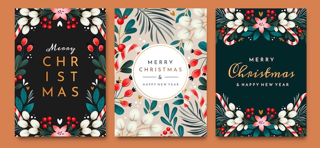 Vector christmas cards with ornaments of branches, berries and leaves. set of greeting cards.