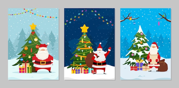 Christmas cards with santa claus and decorated christmas trees. santa with gift bag.