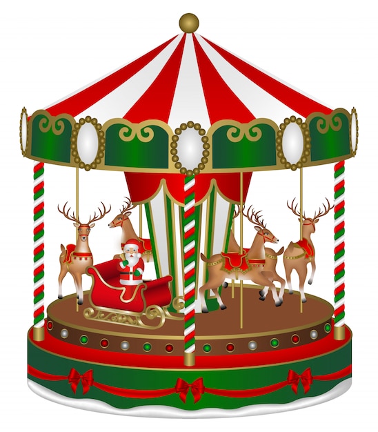 Vector christmas carousel with reindeers and santa claus sleigh