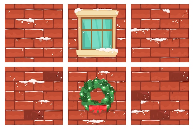 Вектор Рождественские мультфильмы на стене из кирпича коллекция зимние украшения дома, покрытые снегом