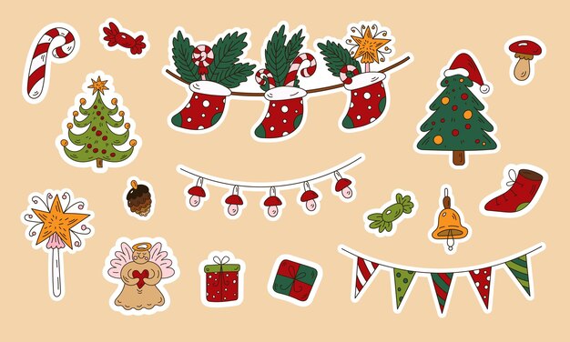 Vector christmas cartoon collection of stickers with decor elements cute doodle