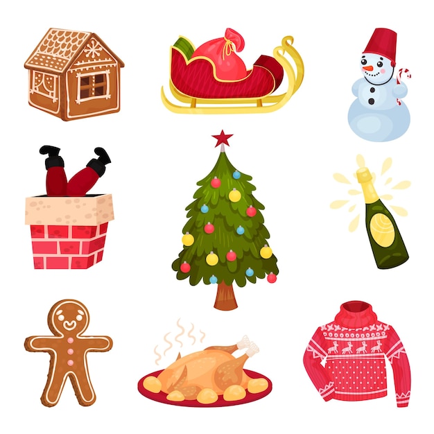 Vector christmas cartoon holiday detailed icon collection festival illustrated items isolated on white background