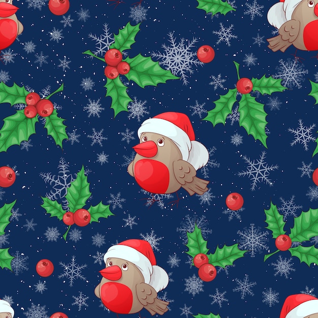 Christmas cartoon holly berries seamless pattern