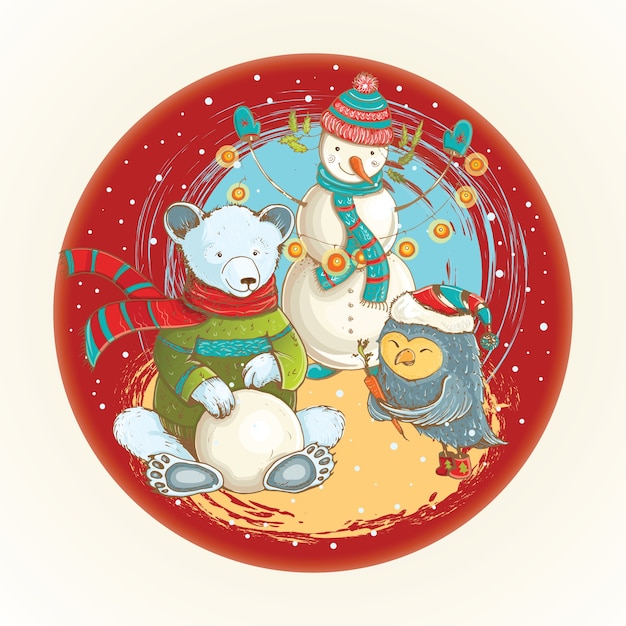 Рождество мультфильм иллюстрация лепить снеговика зимой с забавными животными.