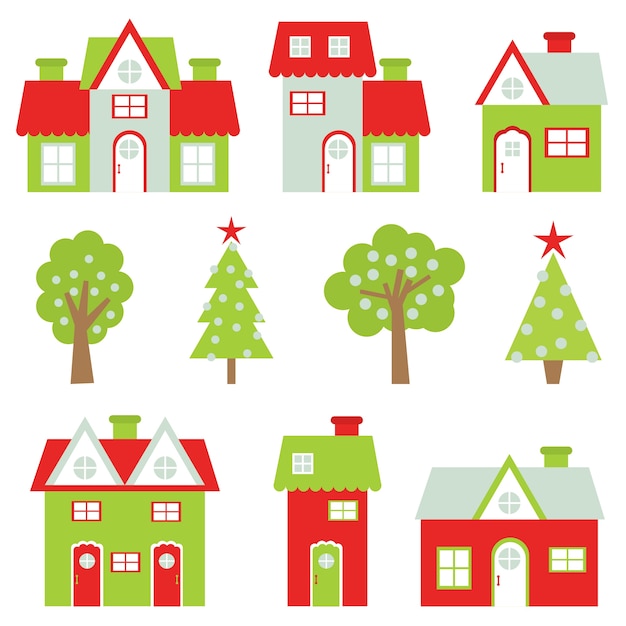 Christmas cartoon illustration with colorful houses and Xmas tree sticker set design