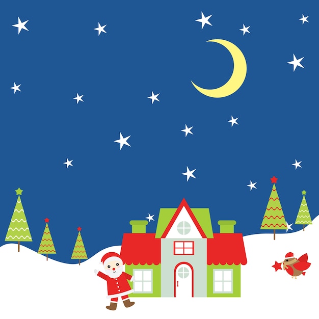Vector christmas cartoon illustration with santa claus on night background