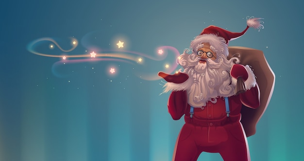 Christmas cartoon Santa Claus character with bag of gifts