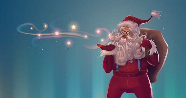 Vector christmas cartoon santa claus character with bag of gifts