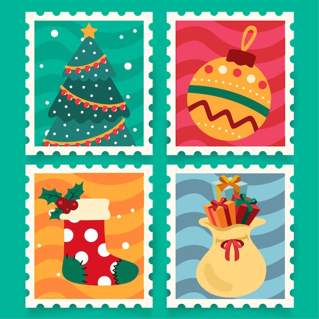 Vector christmas cartoon stamp with christmas tree