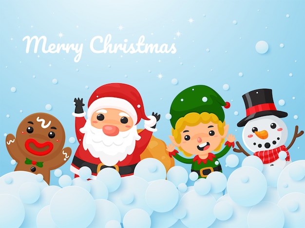 Christmas Cartoon Vector Герои мультфильмов Санта Клауса, олени, эльфы и снеговики дарят рождественские подарки.