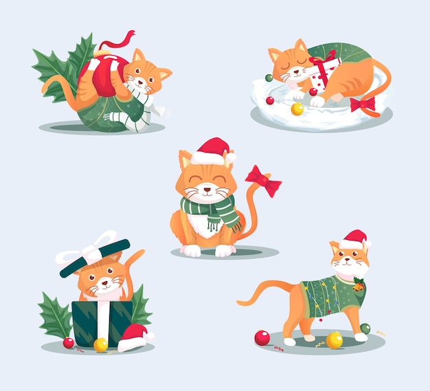 Vettore insieme dell'illustrazione del gatto di natale