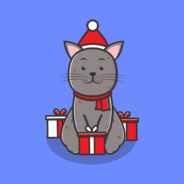 Vector christmas cat with santa hat and gift box cartoon character