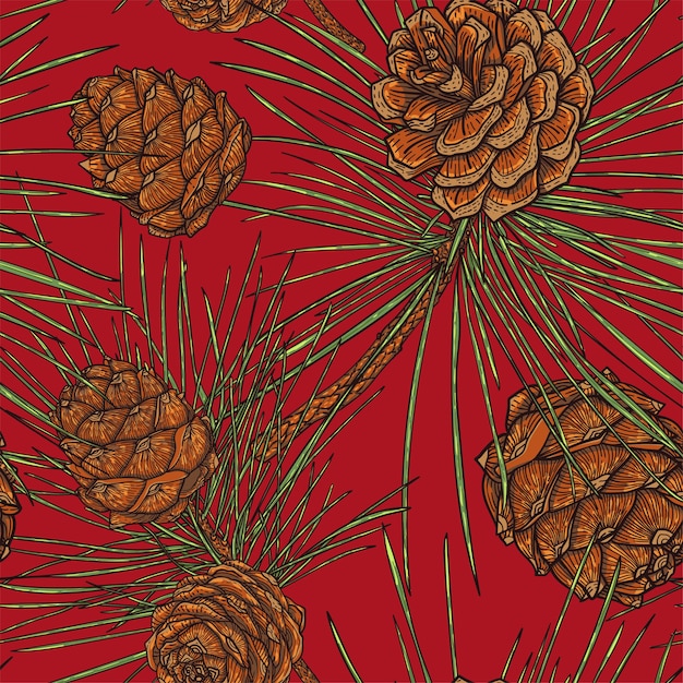 Christmas cedar cones botanical seamless pattern, red background