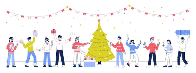 ベクトル クリスマスツリーを飾る人々を祝うクリスマスとプレゼントに孤立したベクトルイラストを与える