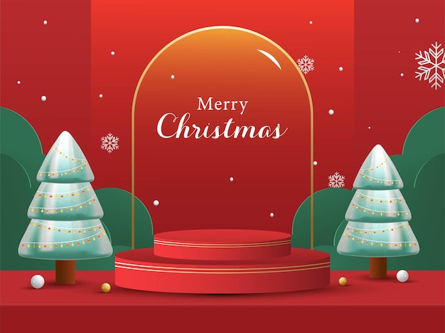 Christmas celebration 3d pedestal podium with red background. Merry Christmas or Happy Christmas.