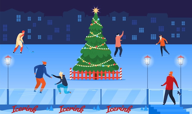 Christmas celebration happy winter holiday ice skating around green tree joyful season cartoon style