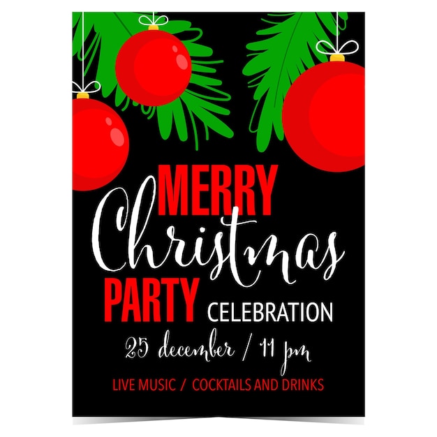 Christmas celebration party banner or invitation card with red Christmas decorations.