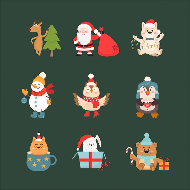 クリスマスのお祝いのシンボルと動物のベクトルイラストセット