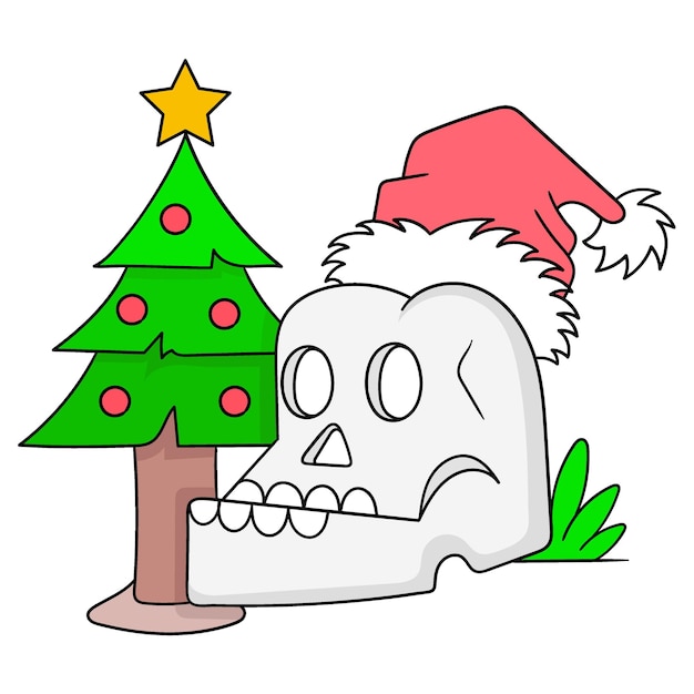 Celebrazione di natale con immagine dell'icona di doodle del cranio di halloween kawaii