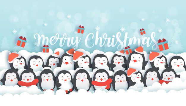 Vector christmas celebrations with cute penguins in the snow forest banner