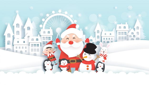 크리스마스 카드 눈 마을 산타와 귀여운 동물들과 함께 크리스마스 축하