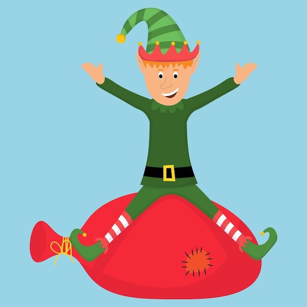 Vector christmas character of elf sitting on santas bag with full of gifts