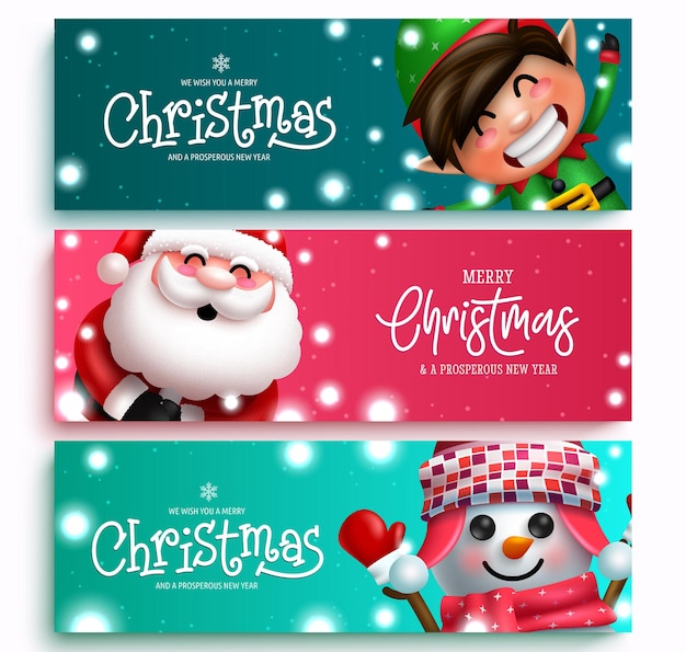 Набор векторов приветствия рождественских персонажей. с рождеством текст с дедом морозом, снеговиком и эльфом.